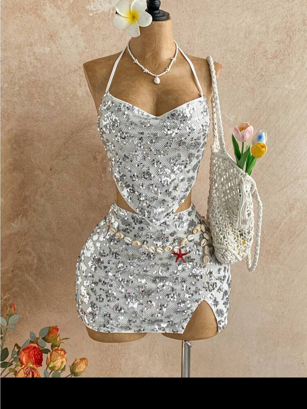 Silver Sequin Halter Cutout Mini Dress